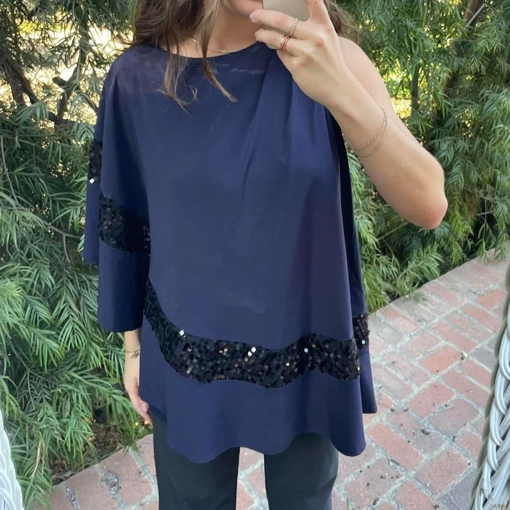 Beautiful navy blue sequin one shoulder flowy blouse